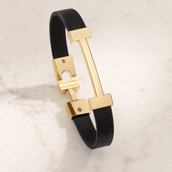 boutique Jewelry - Black Vegan Leather Cuff Bracelet Gold